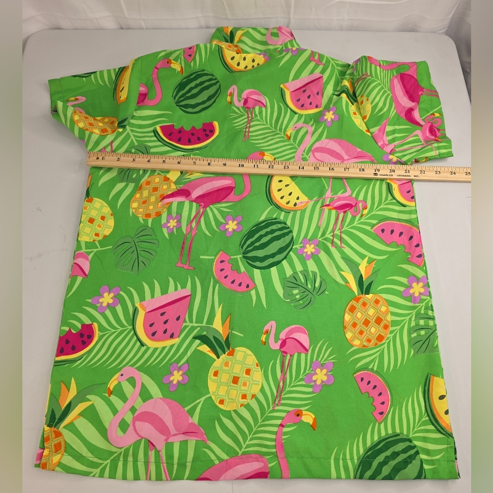King Of Kameha Tropical Green Hawaiian Shirt with Pink Flamingos Size Med E-1708 - Picture 7 of 10